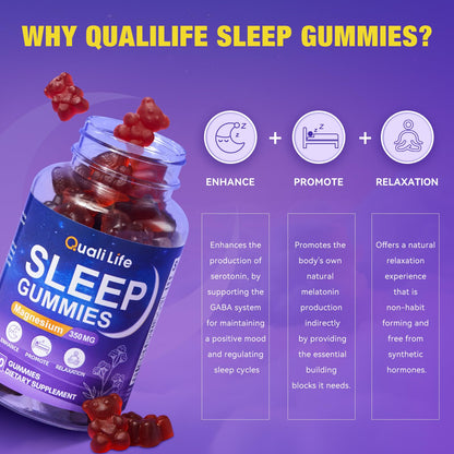 QualiLife Melatonin-Free Sleep Gummies for Adults – Magnesium, Valerian & 5-HTP | Sugar-Free Strawberry