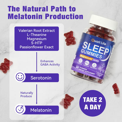 QualiLife Melatonin-Free Sleep Gummies for Adults – Magnesium, Valerian & 5-HTP | Sugar-Free Strawberry