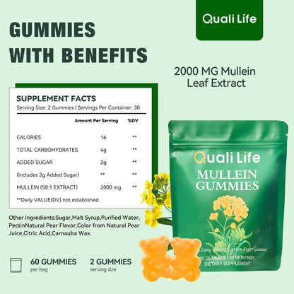 QualiLife Mullein Gummies for Lungs – 2000mg Mullein Leaf Extract | Pear Flavor