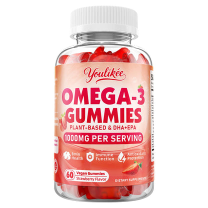 Vegan Omega-3 Gummies 1000mg | Algae DHA 460mg & EPA 230mg | Strawberry