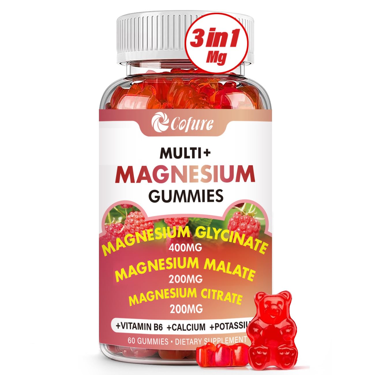 Triple Magnesium Complex Gummies 900 mg – Mg Glycinate, Citrate & Malate with Potassium, Ca & Vitamin B6 | Vegan, Non-GMO, Gluten Free – 60 Gummies