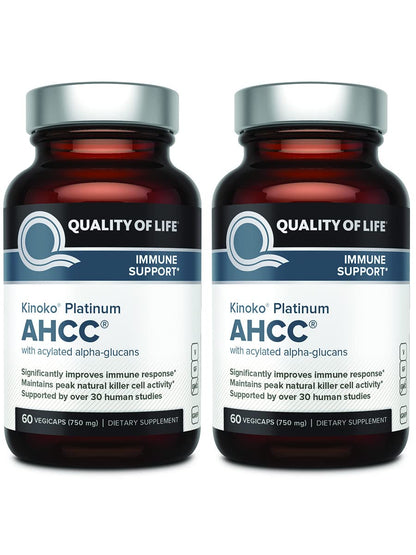 Quality of Life AHCC Kinoko Platinum 750 mg – Premium Immune Support (Pack of 2, 60 Count Bottles)
