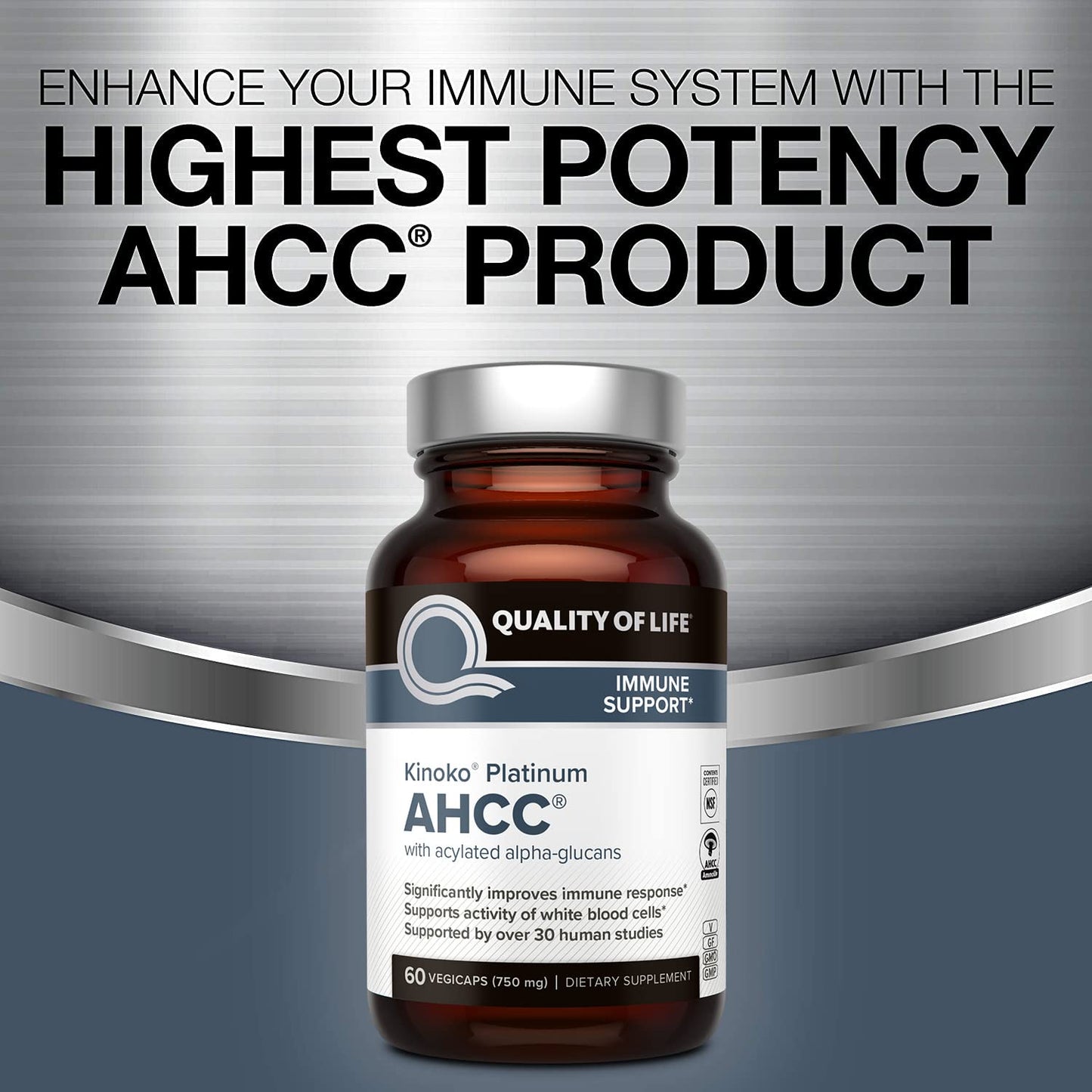 Quality of Life AHCC Kinoko Platinum 750 mg – Premium Immune Support (Pack of 2, 60 Count Bottles)