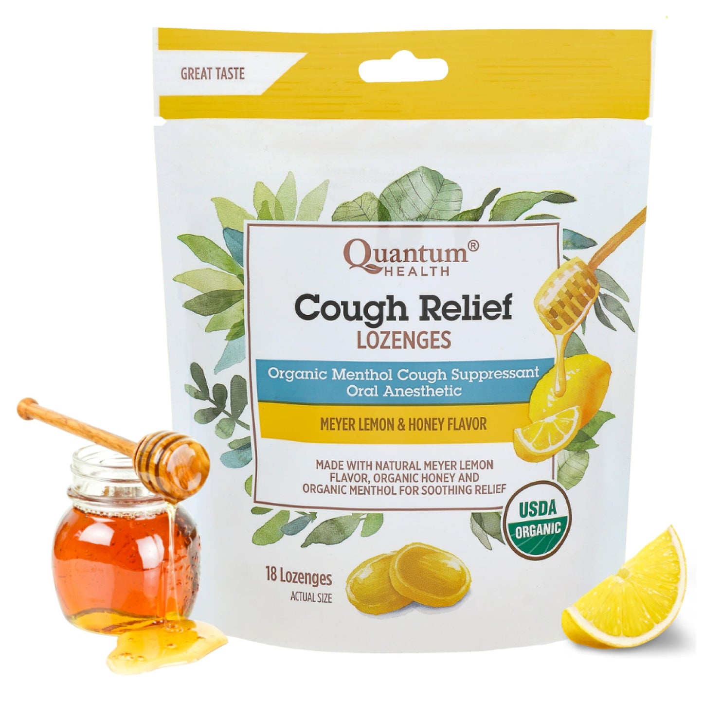 Quantum Health Organic Cough Relief Lozenges – Meyer Lemon & Honey, 18 Count