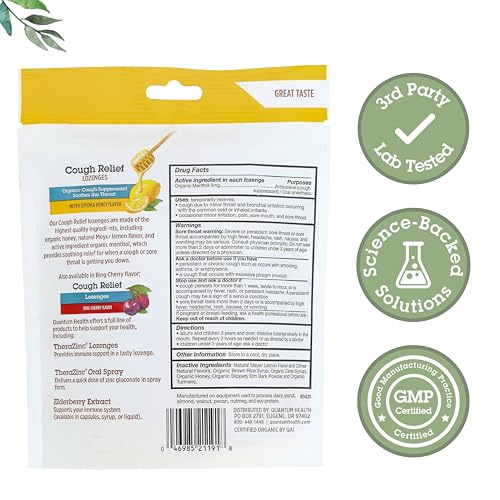 Quantum Health Organic Cough Relief Lozenges – Meyer Lemon & Honey, 18 Count