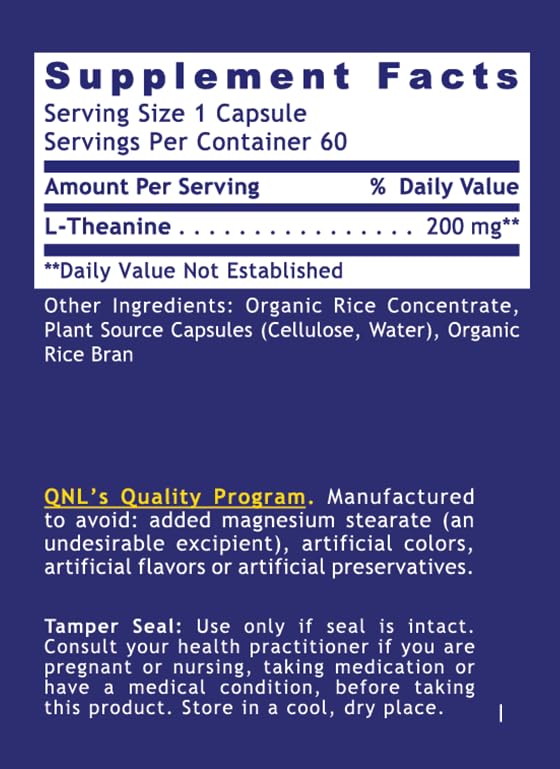 Quantum Nutrition Labs L-Theanine Extra Strength 200mg – Focus & Relaxation (60 Vegan Capsules)