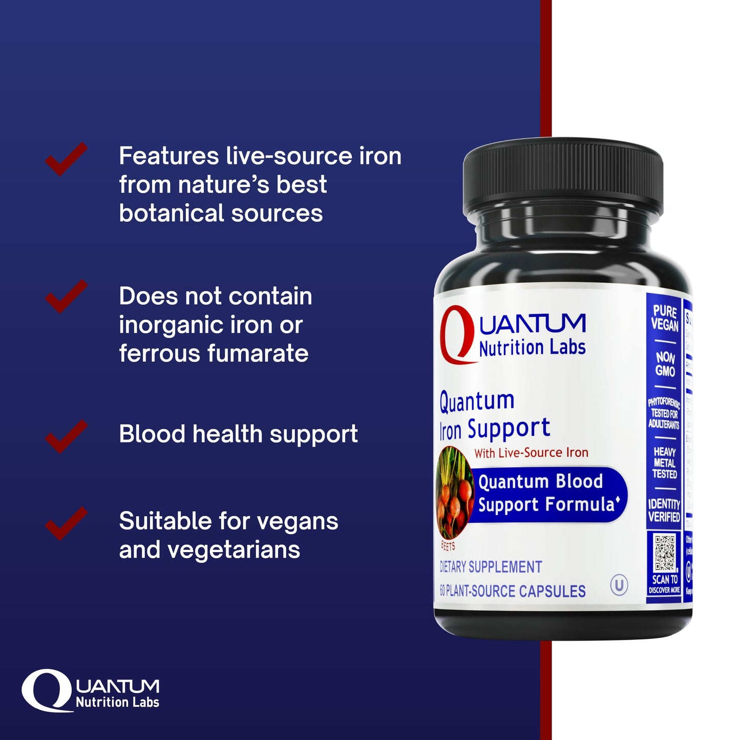 Quantum Nutrition Labs Iron Support - Vegan, Gentle Low-Dose Iron for Women & Men (60 Vegetarian Capsules)