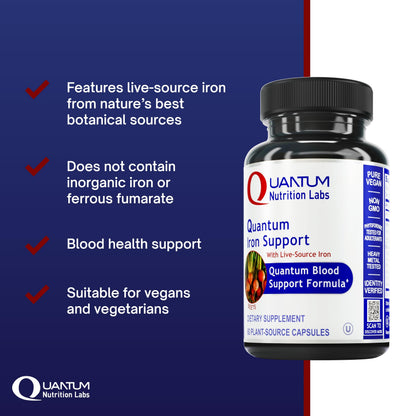Quantum Nutrition Labs Iron Support - Vegan, Gentle Low-Dose Iron for Women & Men (60 Vegetarian Capsules)