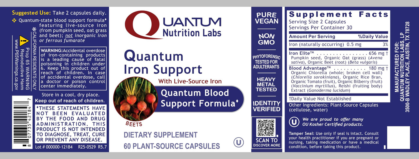 Quantum Nutrition Labs Iron Support - Vegan, Gentle Low-Dose Iron for Women & Men (60 Vegetarian Capsules)