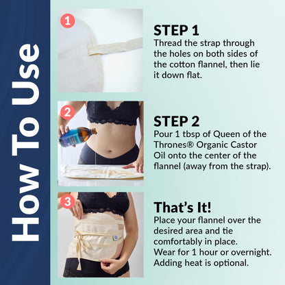 QUEEN OF THE THRONES 100% Organic Cotton Flannel & Naturopathic Doctor Designed with Strap for Castor Oil Pack - Reusable, Comfort Sleep Fit, Soft Ties (Castor Oil sold separately)