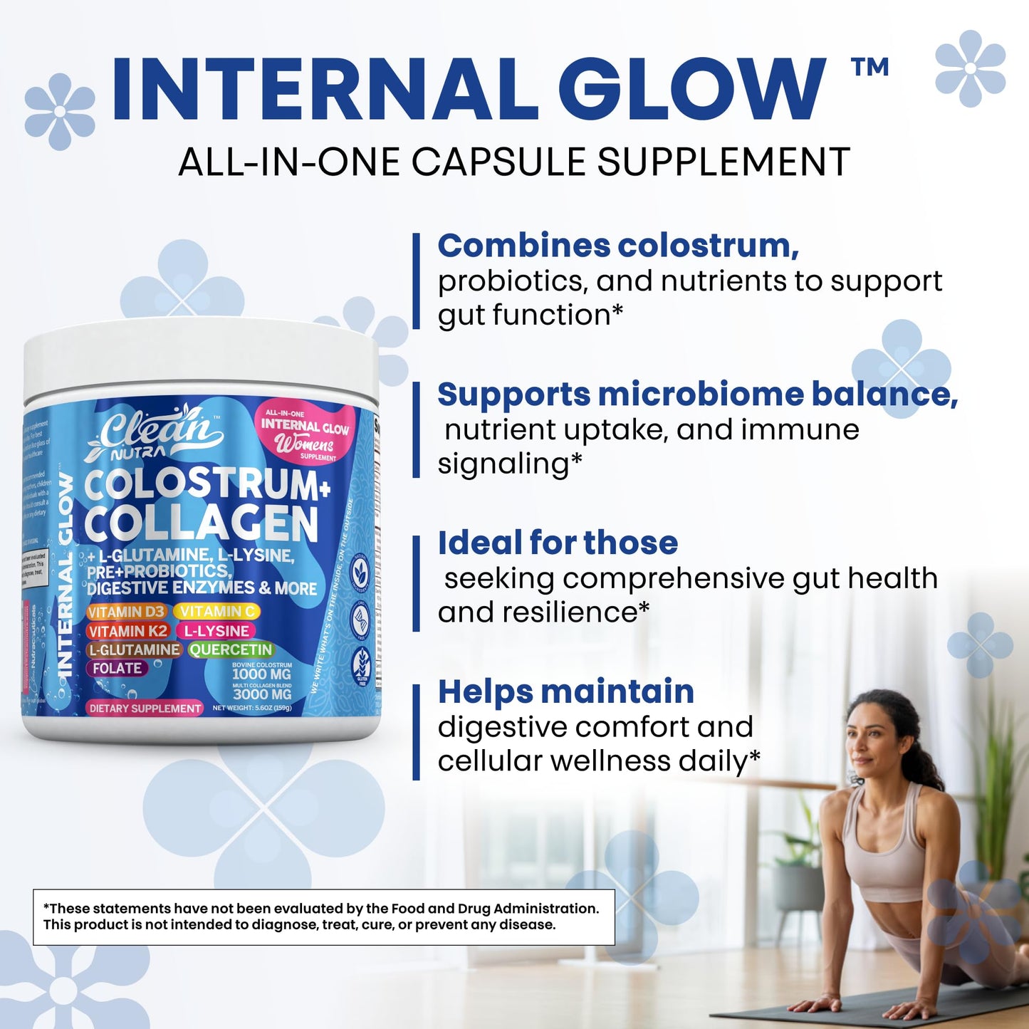 Bovine Colostrum Powder + Collagen Peptides with L-Glutamine – Gut Health Supplement | Clean Nutra