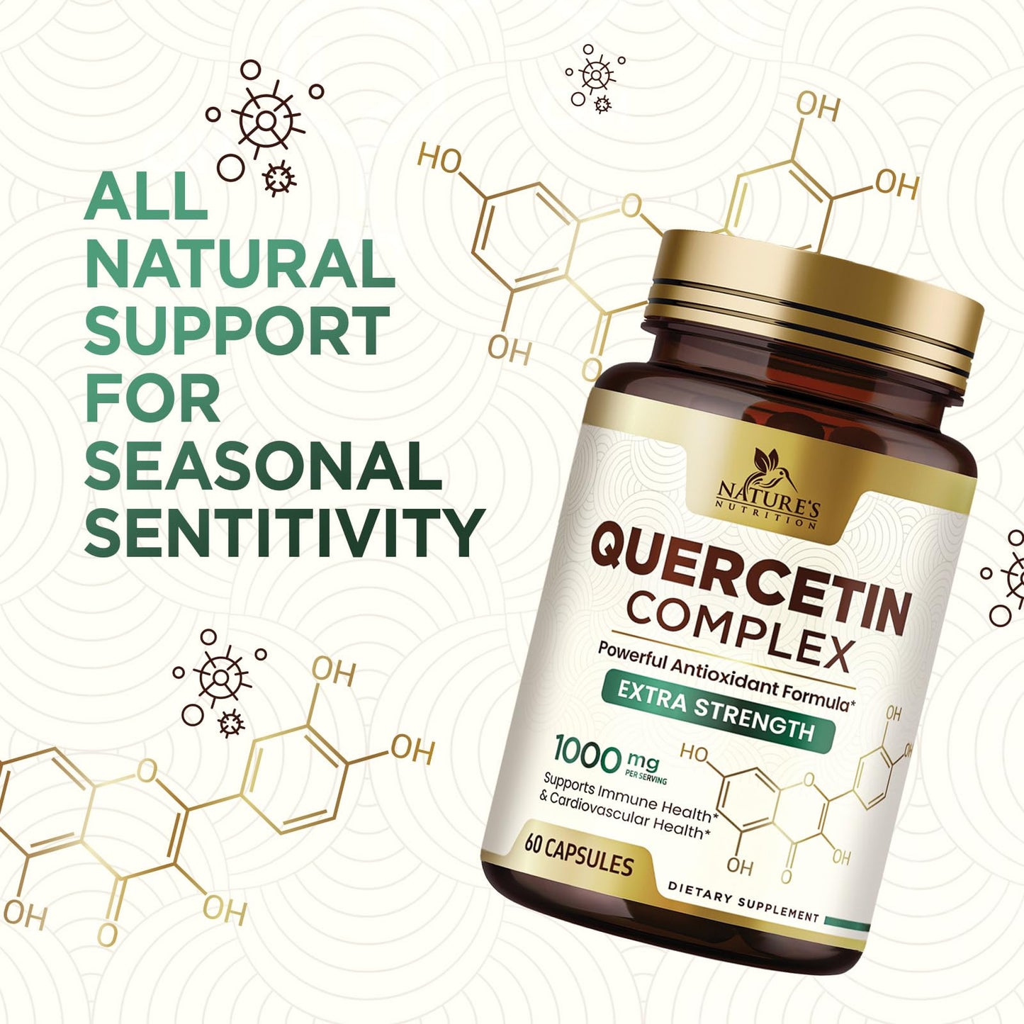 Quercetin 1000mg Supplement – Extra Strength Plant-Based Bioflavonoids | 60 Veggie Capsules