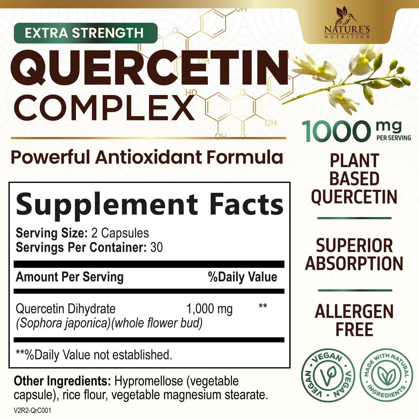 Quercetin 1000mg Supplement – Extra Strength Plant-Based Bioflavonoids | 60 Veggie Capsules
