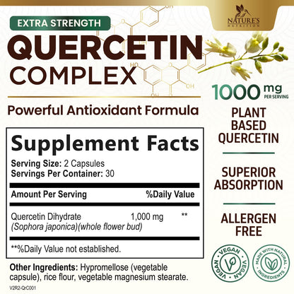 Quercetin 1000mg Supplement – Extra Strength Plant-Based Bioflavonoids | 60 Veggie Capsules