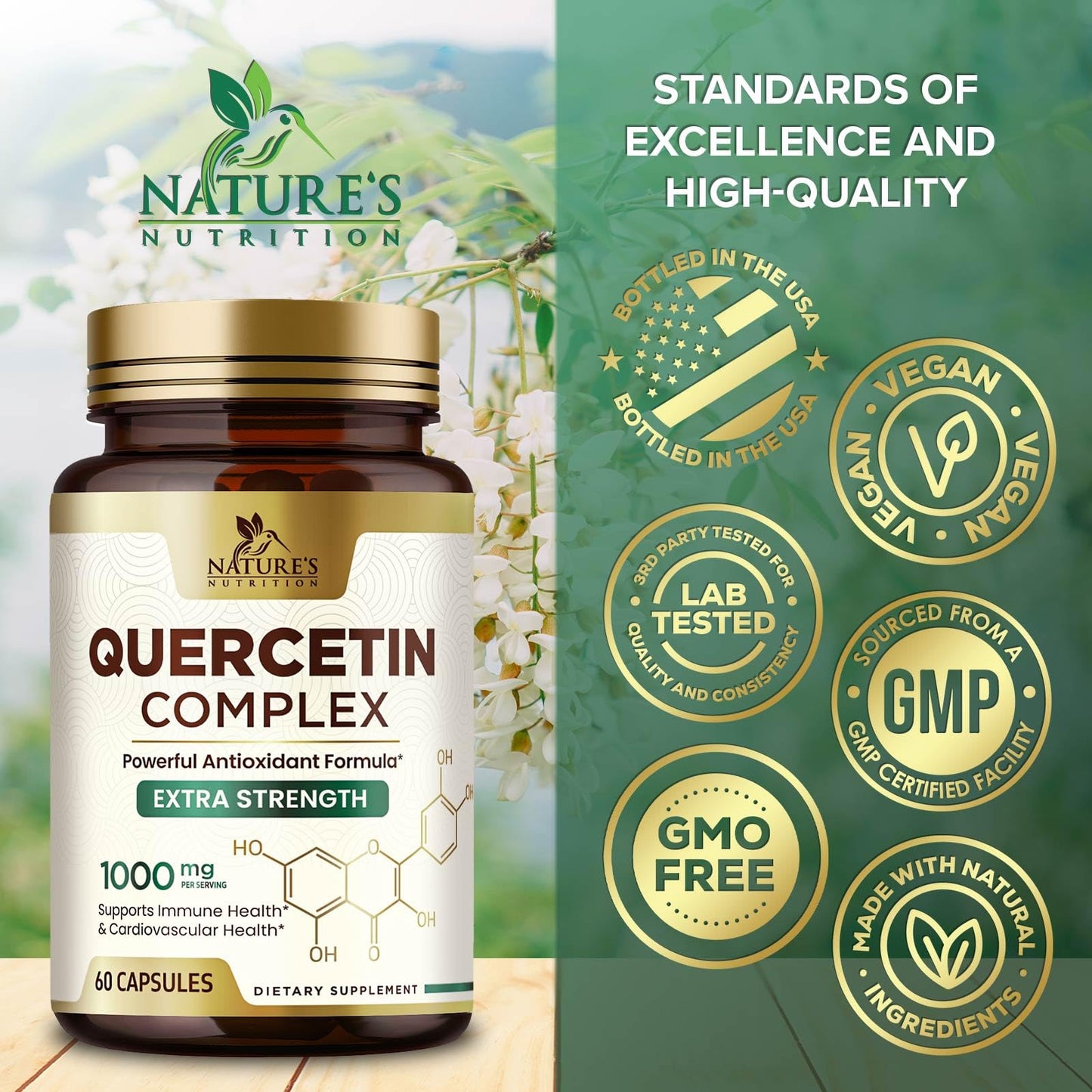 Quercetin 1000mg Supplement – Extra Strength Plant-Based Bioflavonoids | 60 Veggie Capsules
