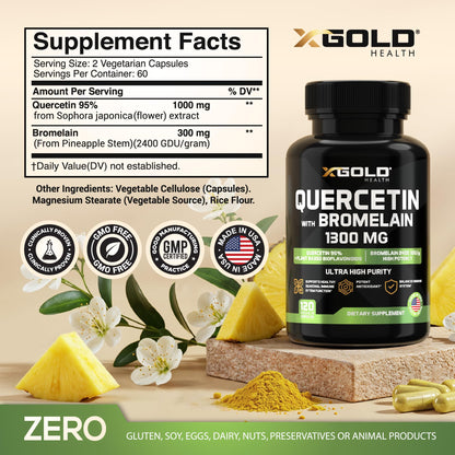 Quercetin + Bromelain 1300mg – 95% Quercetin, 2400 GDU/g Bromelain | Made in USA | 120 Caps