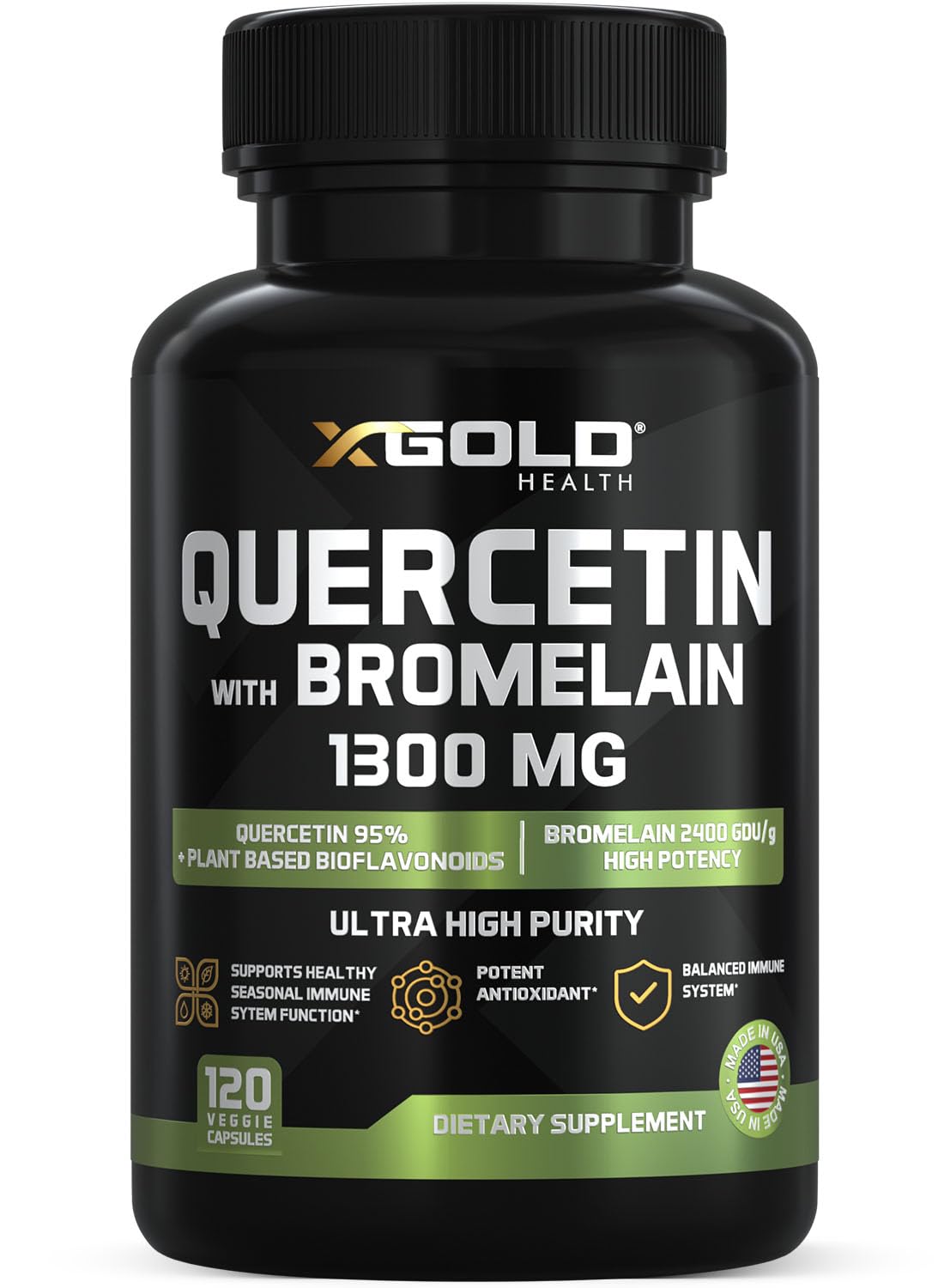 Quercetin + Bromelain 1300mg – 95% Quercetin, 2400 GDU/g Bromelain | Made in USA | 120 Caps
