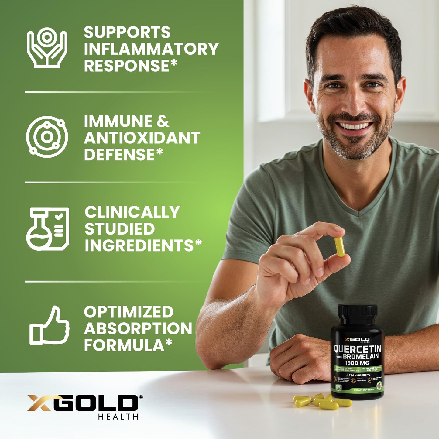 Quercetin + Bromelain 1300mg – 95% Quercetin, 2400 GDU/g Bromelain | Made in USA | 120 Caps