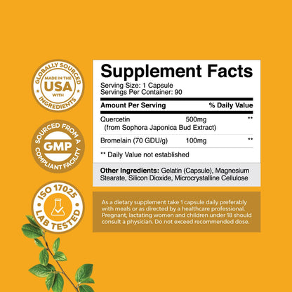 Pure Quercetin with Bromelain – Immune Support 500mg Capsules (90 Ct)