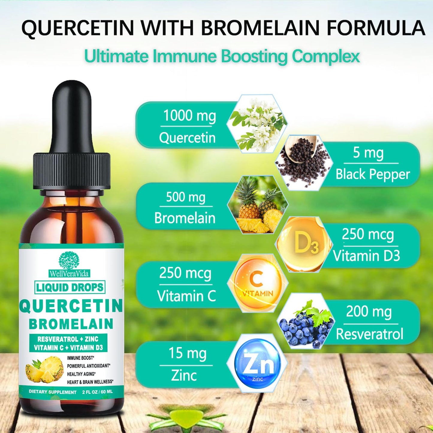 Quercetin with Bromelain Liquid Drops – 4X Stronger Than Capsules & Pills, 7-in-1 Immune Support