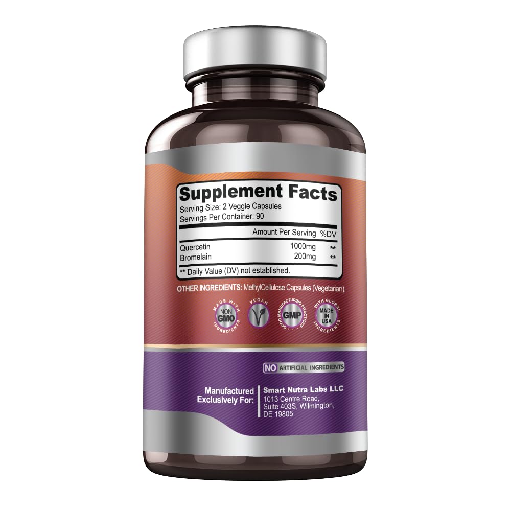 Smart Nutra Labs Quercetin with Bromelain – 180 Count, 1200mg Serving | Immune Support, Energy | Vegan, Non-GMO, Gluten Free