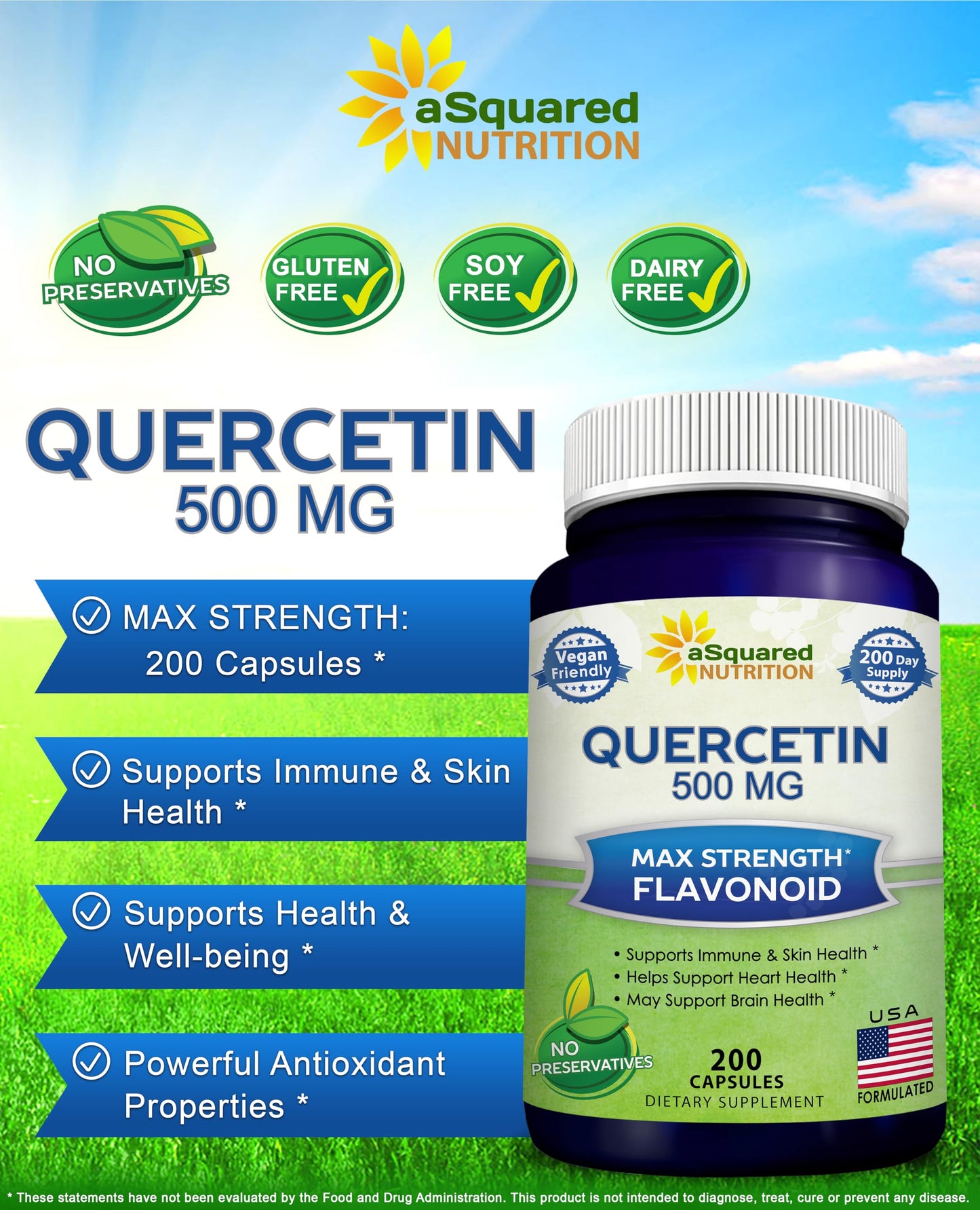 aSquared Nutrition Quercetin 500mg Supplement - 200 Capsules | Max Strength Quercetin Dihydrate for Immune & Cardiovascular Support