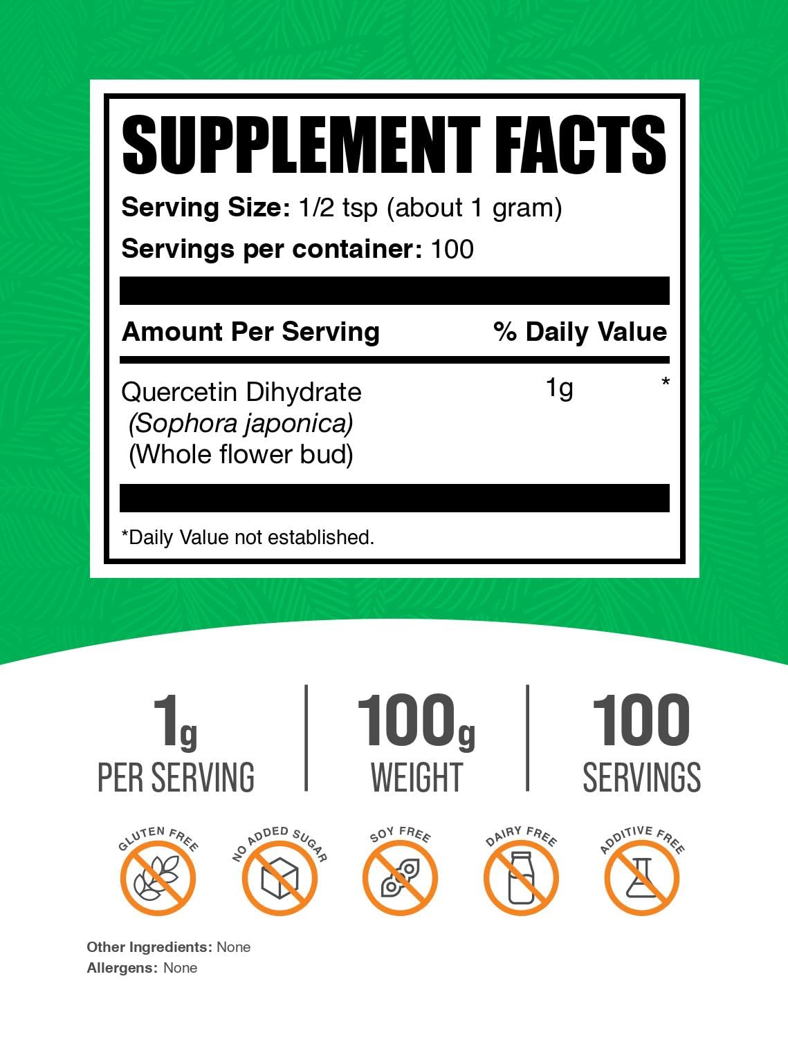 Quercetin Dihydrate Powder – Vegan & Gluten Free | 1g Serving, 100g Pack | BulkSupplements.com