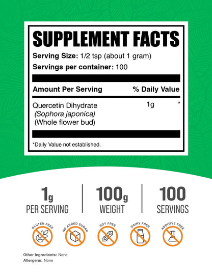 Quercetin Dihydrate Powder – Vegan & Gluten Free | 1g Serving, 100g Pack | BulkSupplements.com