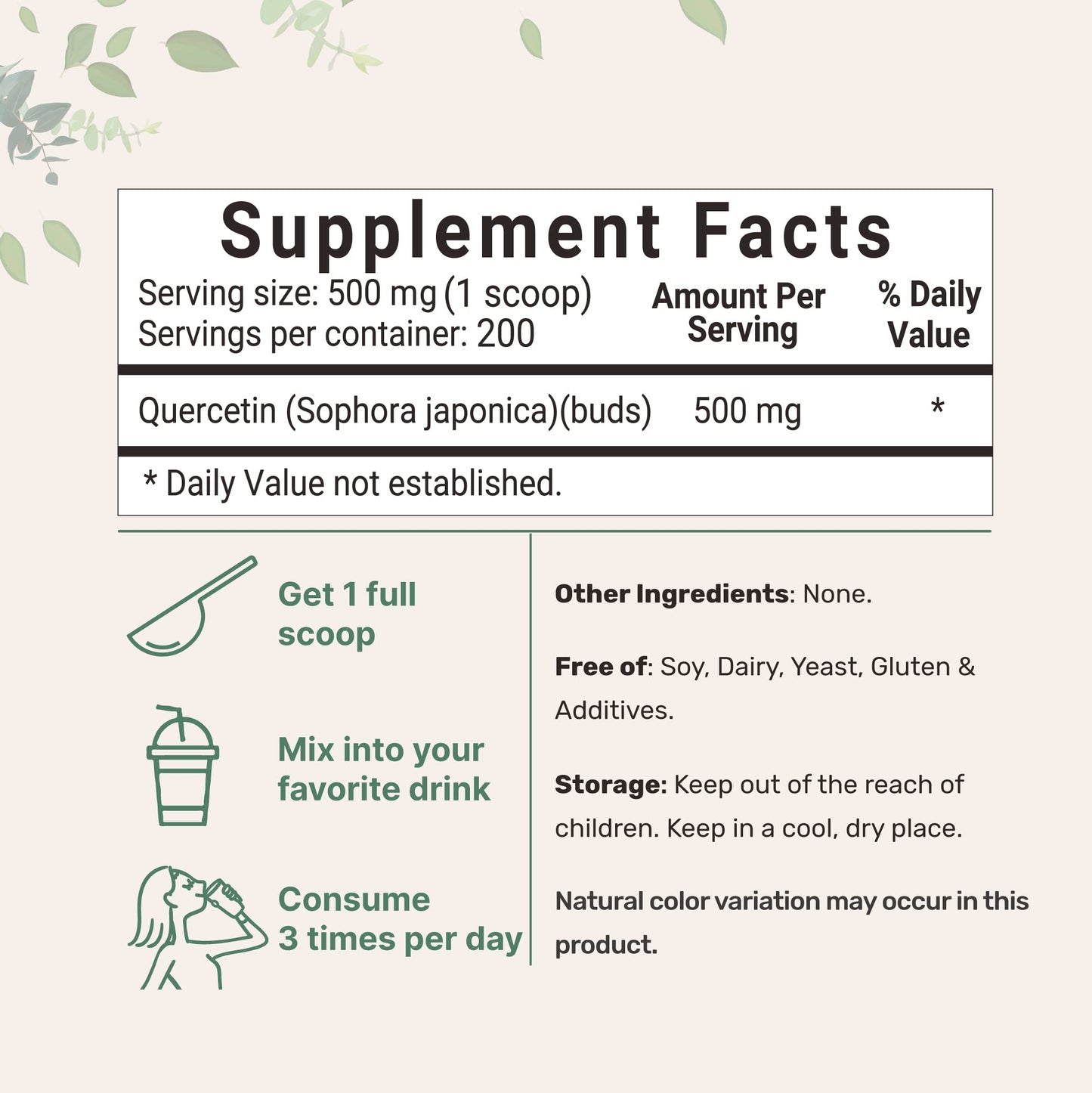 Pure Quercetin Dihydrate Powder – 500mg per Serving, 100g, Most Bioavailable, Filler-Free, Vegan & GMO-Free | Immune Support and Antioxidant