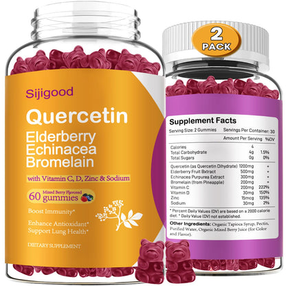 2 Packs Quercetin Gummies with Bromelain + Elderberry, Echinacea, Vitamin C, D & Zinc – Immune Support (120 Count)