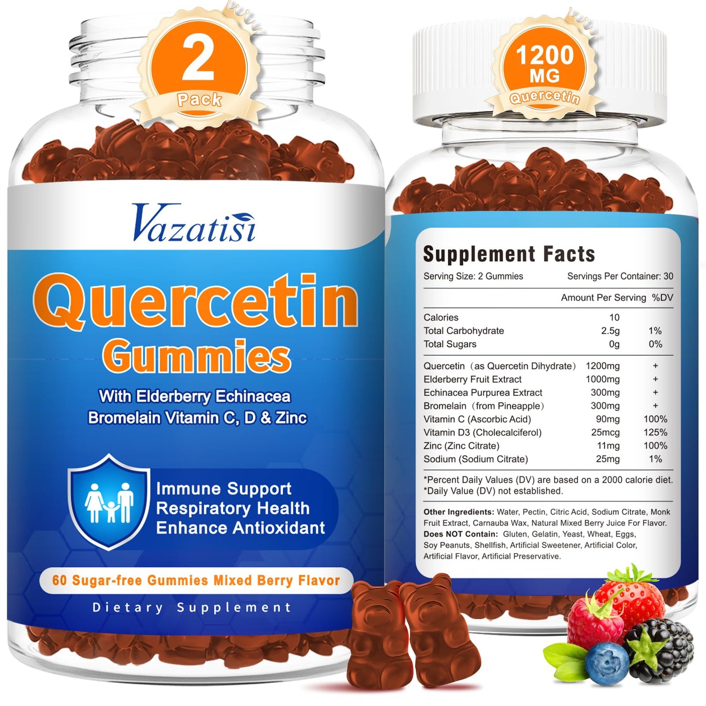2 Pack Quercetin Gummies with Bromelain – Immune Support, Vegan, Mixed Berry
