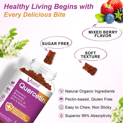 Quercetin Gummies, Quercetin with Vitamin C Zinc, Bromelain, Elderberry and Vitamin D, Immune Support Adults Kids, Women Men 120 Gummies Chewable