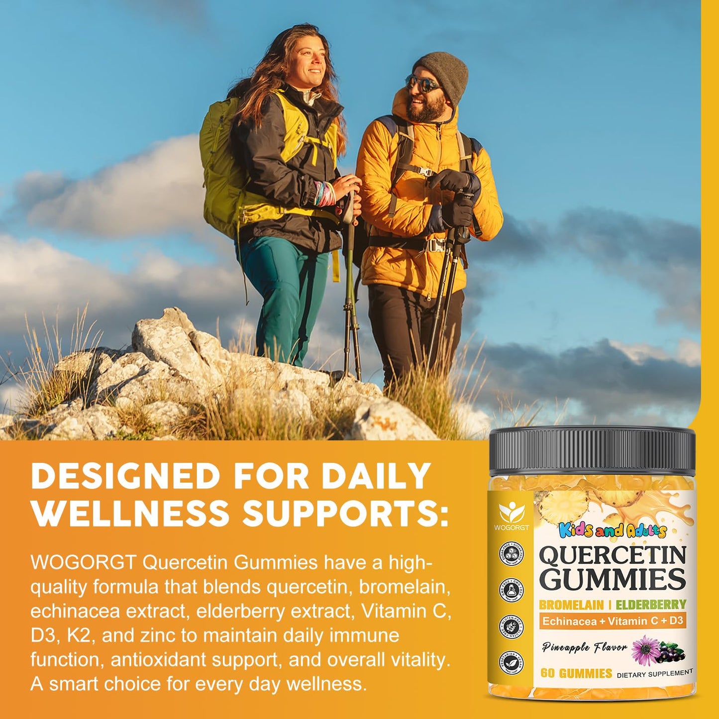 Quercetin Gummies with Bromelain - Immune Support for Adults & Kids, 800mg Quercetin, Pineapple Flavor, Sugar Free, Vegan | 60 Count