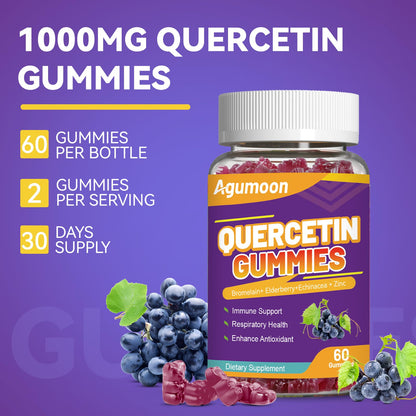 2 Pack Quercetin Gummies 1000mg with Bromelain, Zinc & Elderberry – Vegan Immune Support, 120 Count