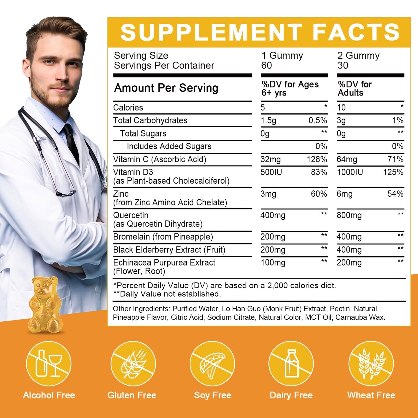 Quercetin Gummies with Bromelain - Immune Support for Adults & Kids, 800mg Quercetin, Pineapple Flavor, Sugar Free, Vegan | 60 Count
