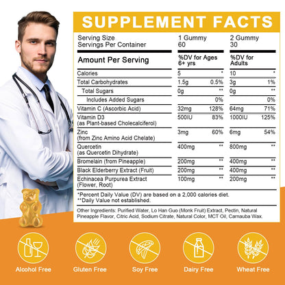 Quercetin Gummies with Bromelain - Immune Support for Adults & Kids, 800mg Quercetin, Pineapple Flavor, Sugar Free, Vegan | 60 Count