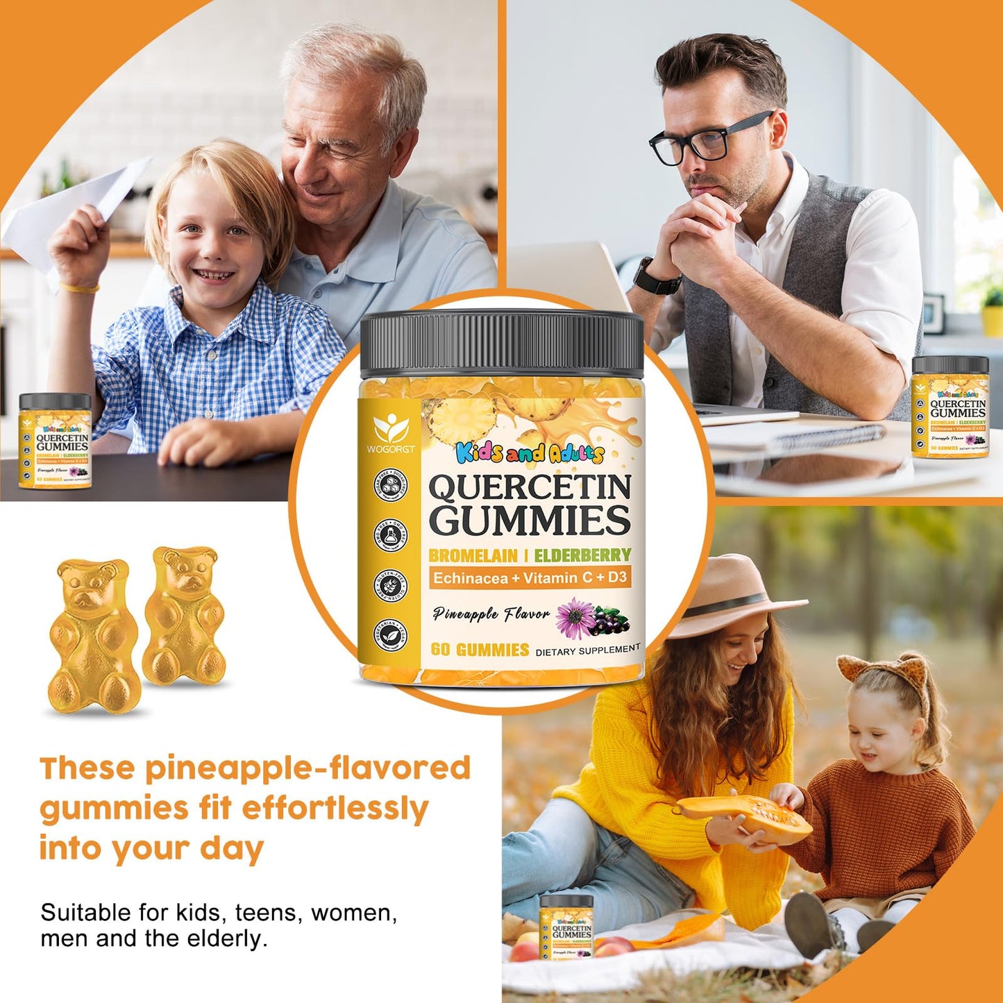 Quercetin Gummies with Bromelain - Immune Support for Adults & Kids, 800mg Quercetin, Pineapple Flavor, Sugar Free, Vegan | 60 Count