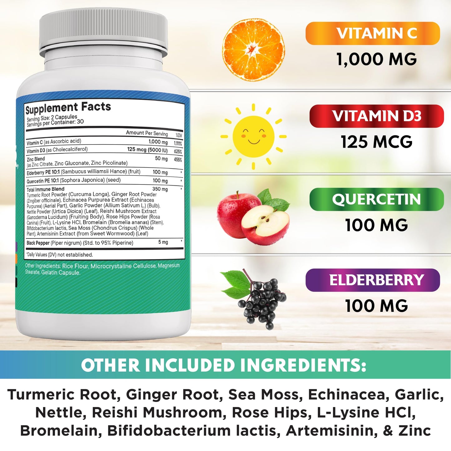Quercetin Zinc Vitamin C Vitamin D Bromelain Elderberry – Nettle Immunity 120 Count