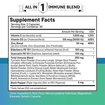 Quercetin Zinc Vitamin C Vitamin D Bromelain Elderberry – Nettle Immunity 120 Count