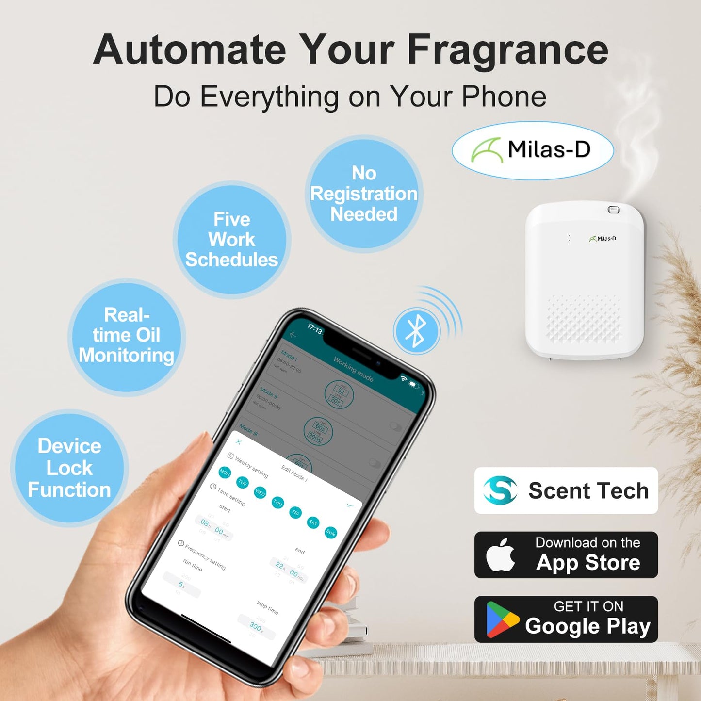Waterless Essential Oil Diffuser for Home & Commercial Use — Large Rooms Up to 1500 sq ft | Bluetooth Milas-D (13.5 fl oz / 400 mL)