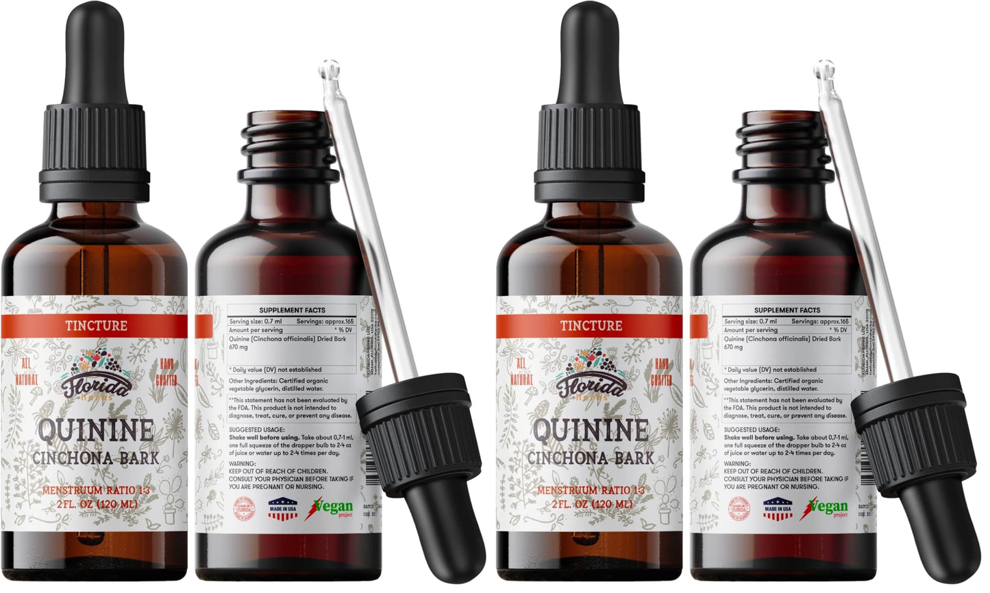 FLORIDA HERBS Quinine Tincture Extract - Quinine Liquid (Cinchona officinalis) 670 mg per Pack, 2 oz (Pack of 2) - Non-GMO, Gluten Free