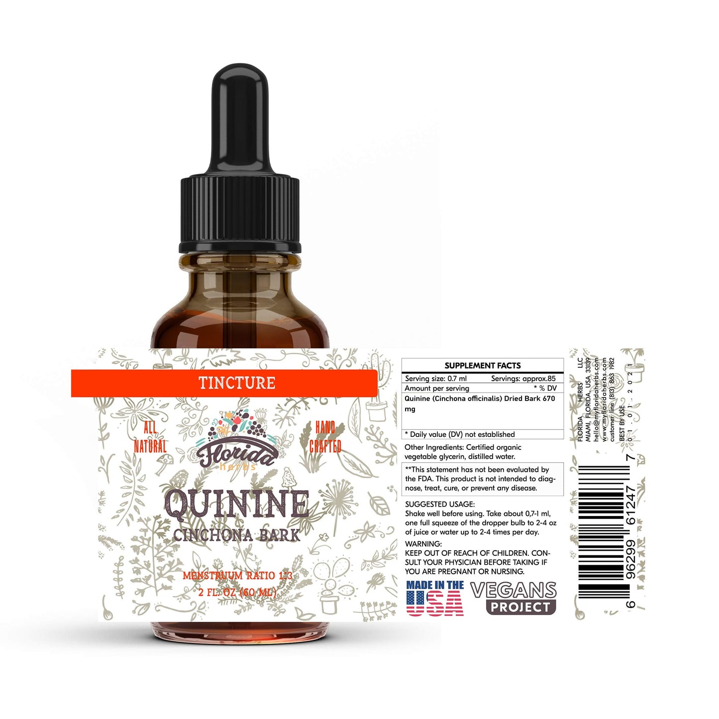 FLORIDA HERBS Quinine Tincture Extract - Quinine Liquid (Cinchona officinalis) 670 mg per Pack, 2 oz (Pack of 2) - Non-GMO, Gluten Free