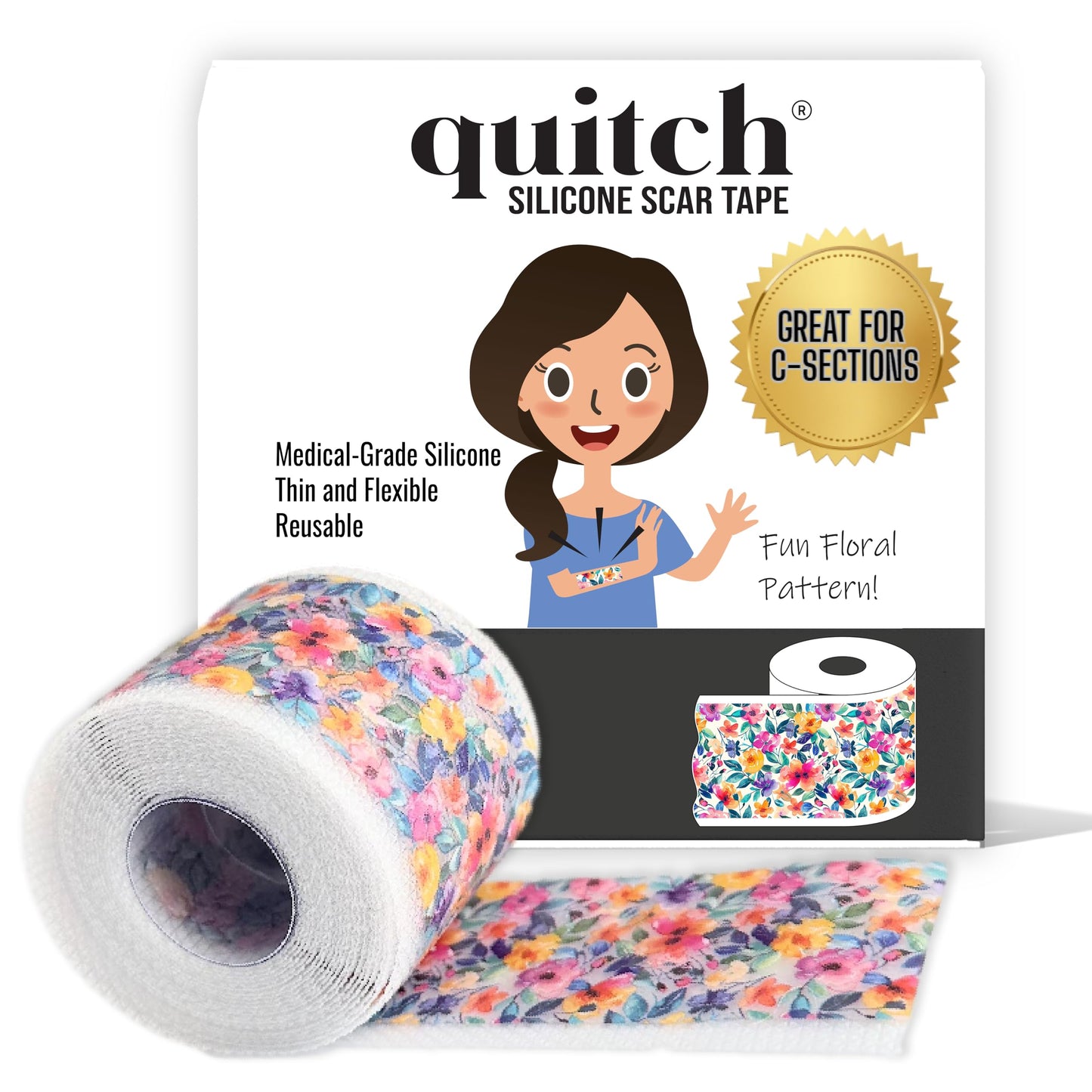 Quitch Silicone Scar Sheets for Surgical Scars | Floral 4x150cm