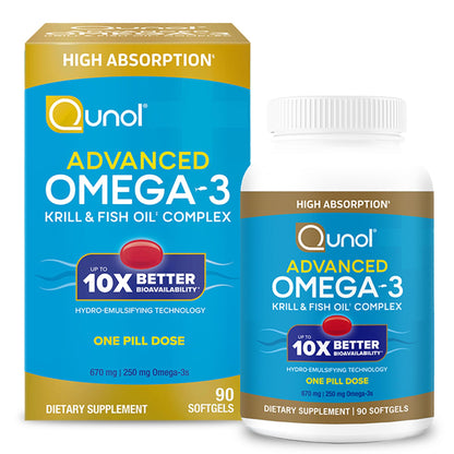 Qunol Advanced Omega-3 Krill & Fish Oil Complex – 10x Better Bioavailability, 250mg EPA & DHA, 90 Count