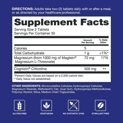 Qunol Brain Health Memory Plus | Magnesium L-Threonate & Cognizin Citicoline for Memory, Focus & Productivity (60 Count) BritishVita | Premium UK Vitamins & Wellness Supplements