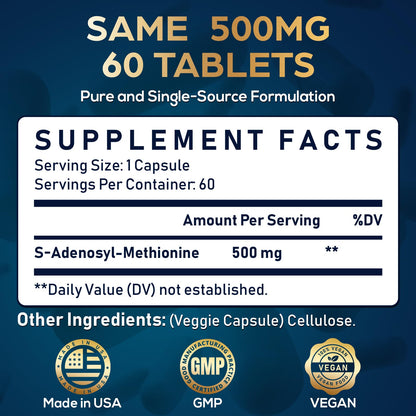 Quorinthiumax SAM-e 500mg | 25% Potent vs 400mg | Vegan | 60 Caps