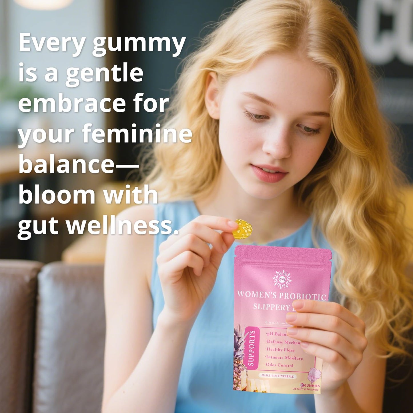 QVQ Women's Probiotic Slippery Elm Gummies – Pineapple Flavor, 60 Gummies (2-Pack) | Gluten-Free, Vegan, pH Balance