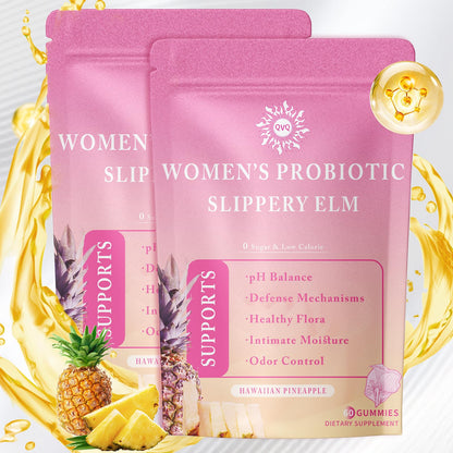 QVQ Women's Probiotic Slippery Elm Gummies – Pineapple Flavor, 60 Gummies (2-Pack) | Gluten-Free, Vegan, pH Balance