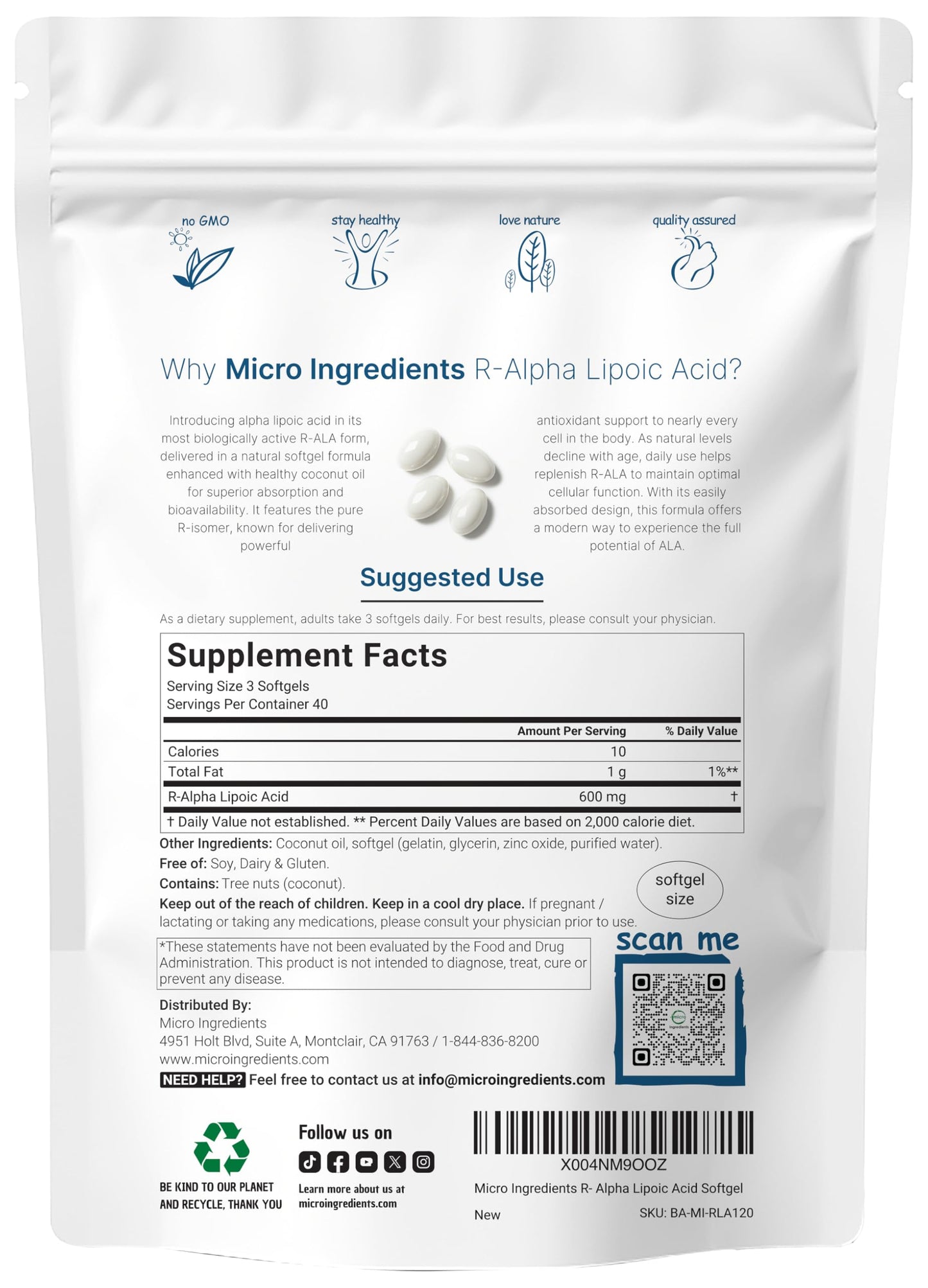 R Alpha Lipoic Acid 600mg with Coconut Oil – 120 Softgels | Antioxidant Support