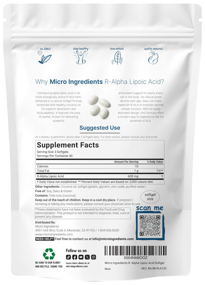 R Alpha Lipoic Acid 600mg with Coconut Oil – 120 Softgels | Antioxidant Support